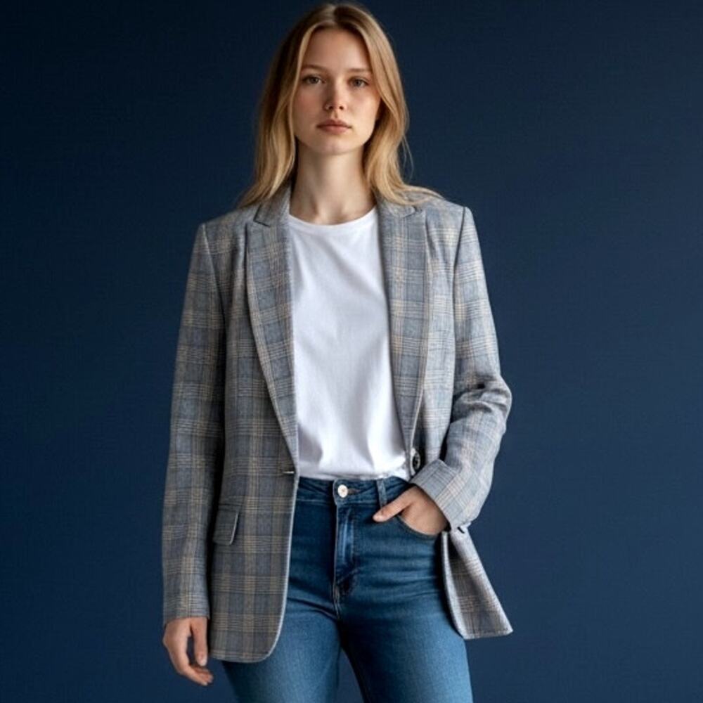 Equipment Femme Jeanne Blazer Women's Plaid Wool Cotton Jacket Gray Blue Size 00